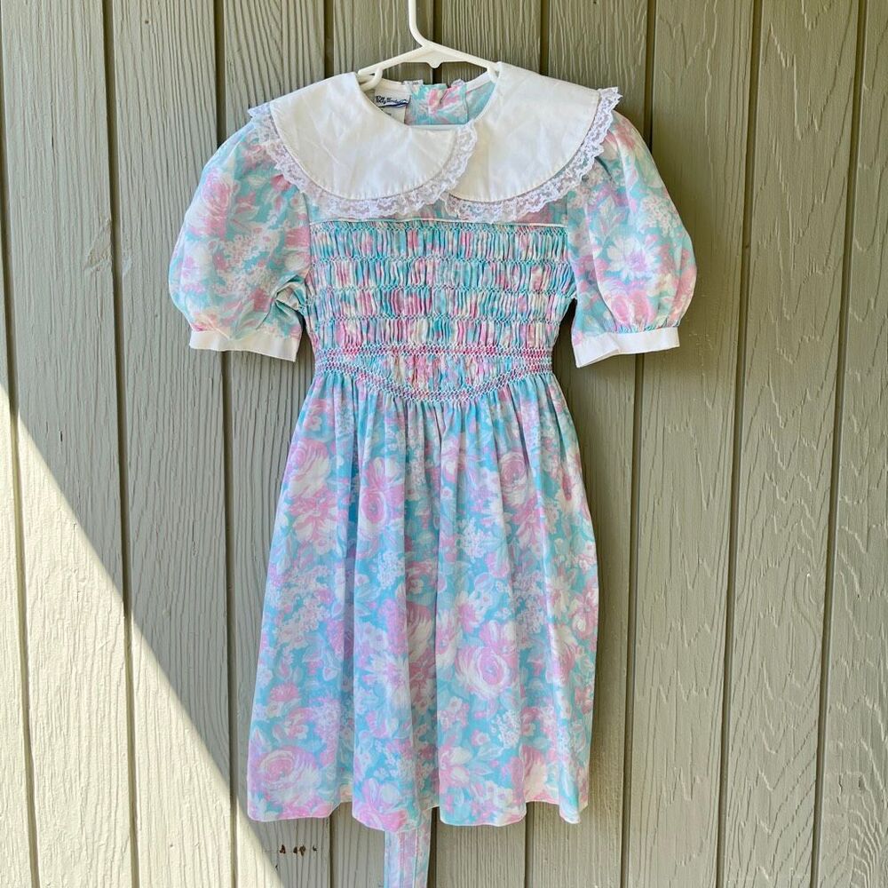 VTG Polly Flinders Pastel Floral Smocked Prairie Dress Girls 7 Lace Collar